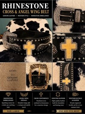 Rhinestone Cross & Angel Wing Genuine Leather Belt - Black with Gold Cross